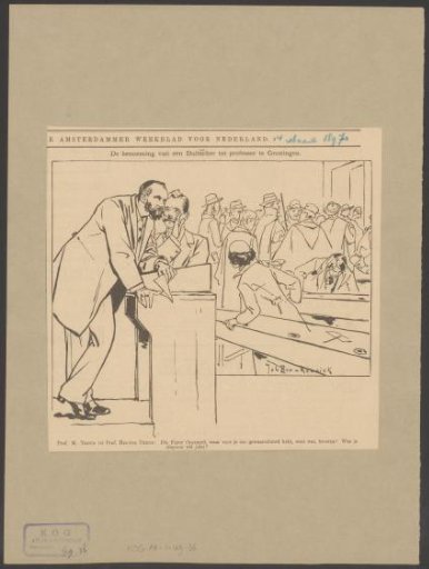 Willem Treub whispering to Hector Treub behind the pulpit in the lecture hall