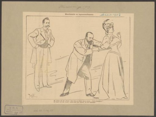 Hector Treub lacing a corset on the city maiden of Amsterdam, Willem Treub watching