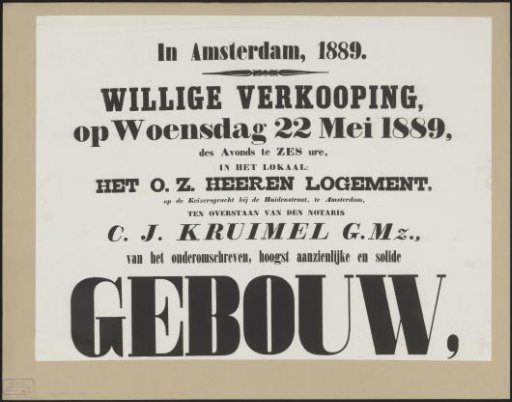 Announcement of the public sale of the building Felix Meritis in Amsterdam (top sheet)