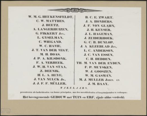 Announcement of the public sale of the building Felix Meritis in Amsterdam (lower middle sheet)