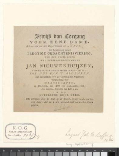 Admission ticket for a lady for a commemoration of Jan Nieuwenhuyzen