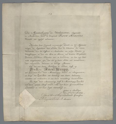 Certificate of active membership of Felix Meritis for Jacques Kuyper
