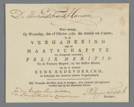 Admission ticket for Ernst Fredrik Hanau for a meeting of Felix Meritis
