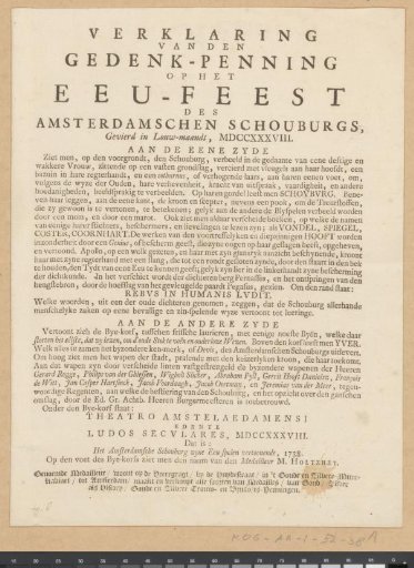 Explanation of the commemorative medal on the Centenary of the Amsterdam Schouwburg, 1738