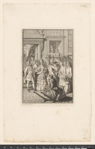 Scene from a comedy with an elegant company on the street