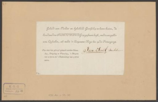 Admission ticket of Jan Smit for viewing the grounds of the burnt-out Theatre on the Keizersgracht in Amsterdam