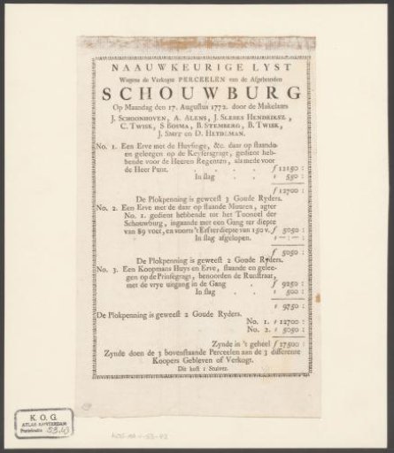 List of the proceeds from the sale of the plots of the burnt-out Theatre on the Keizersgracht in Amsterdam, 1772
