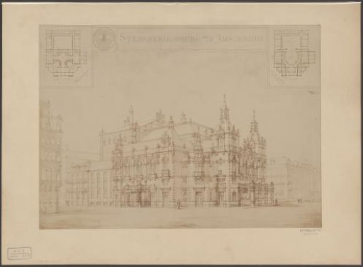 Photographic Reproduction of a Drawing Showing a View and Plans of the City Theatre in Amsterdam