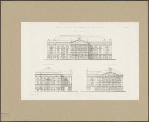 Elevations of the front and side facades of the theatre at the Leidseplein in Amsterdam after the renovation of 1872-1874