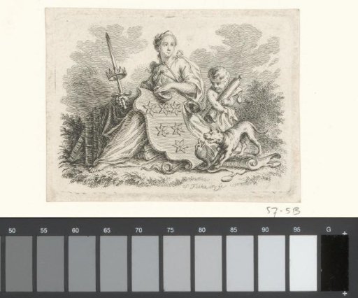 Vignette with Justice and a putto with a coat of arms