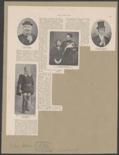 Portrait of Frits van Duinen as Marcel in the opera De Hugenoten and portraits of four actors in the play Zijn Edel-achtbare