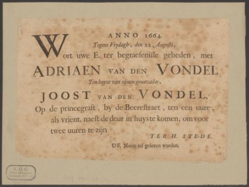 Funeral card of Adriaen van den Vondel