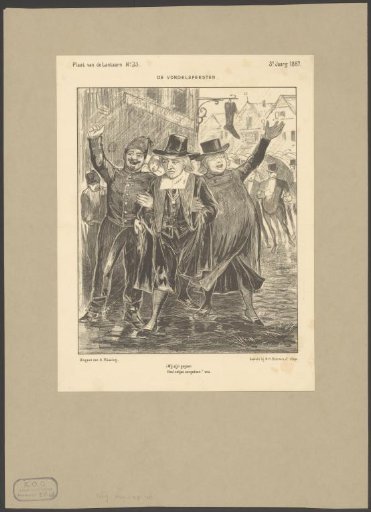 Joost van den Vondel walking arm-in-arm with a soldier and Herman Schaepman