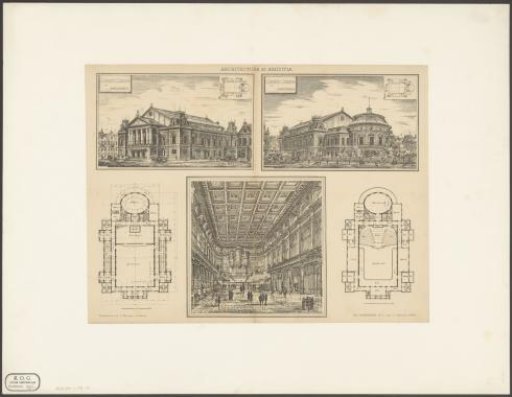 Plans and views of the interior and exterior of the Concertgebouw in Amsterdam