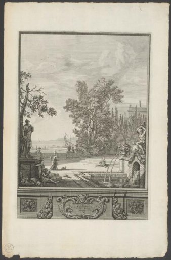 Landscape with a sculpture, fountain, and harbor view