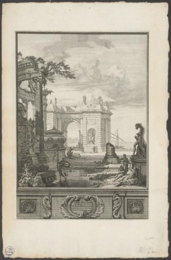 Landscape with classical statues and buildings