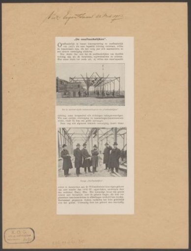 Construction of the exhibition building of De Onafhankelijken and group portrait of six members