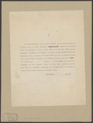 Declaration regarding the provision of funds to the Rembrandt Association for the auction of Jacob de Vos