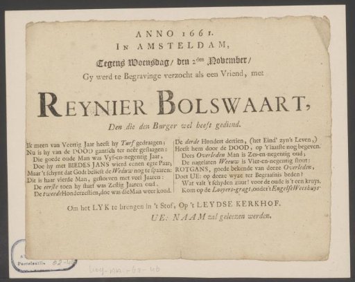 Funeral broadside of Reinier Bolswaart
