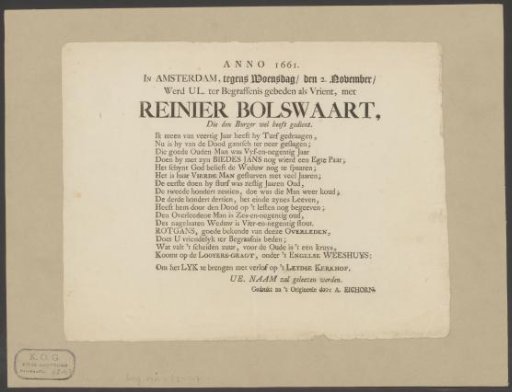 Funeral broadside of Reinier Bolswaart