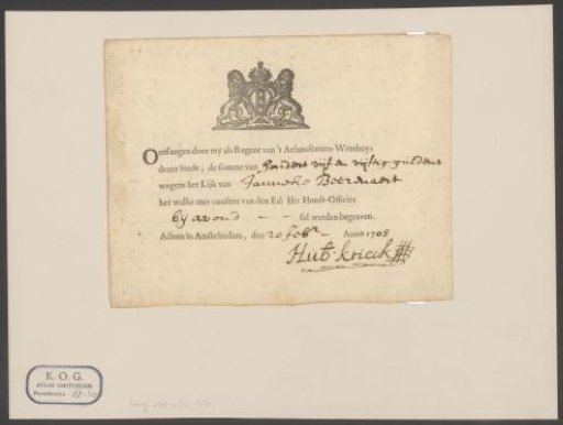Receipt and funeral broadside of Janneke Beerenaard in the name of Rogier van Roonhuisen