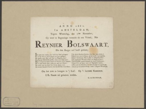 Funeral broadside of Reinier Bolswaart