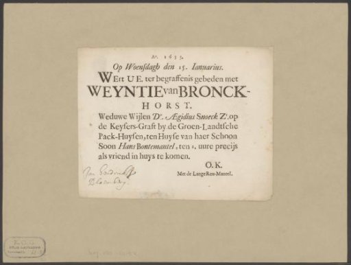 Funeral broadside of Wendela van Bronchorst in the name of Jan Hendricksz. Bloemberg