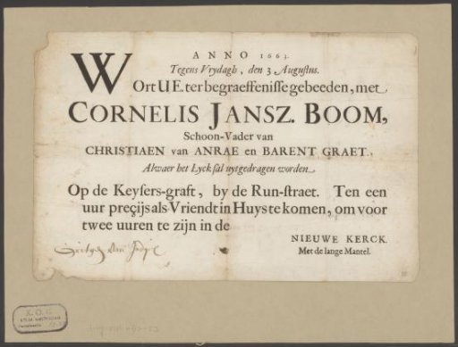 Funeral broadside of Cornelis Jansz. Boom