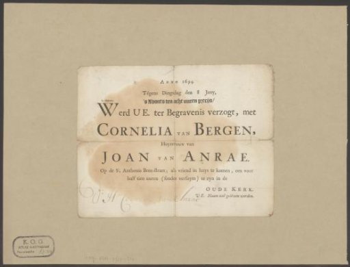 Funeral broadside of Cornelia van Bergen in the name of Cornelis van Anrae