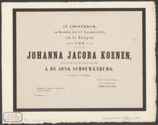 Funeral broadside of Johanna Jacoba Koenen