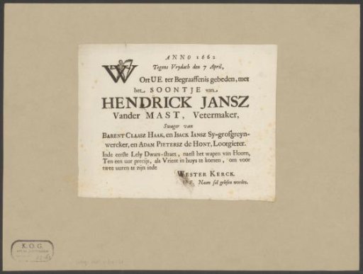 Funeral broadside of the son of Hendrick Jansz van der Mast
