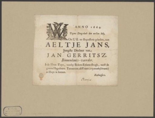 Funeral broadside of Aeltje Jans