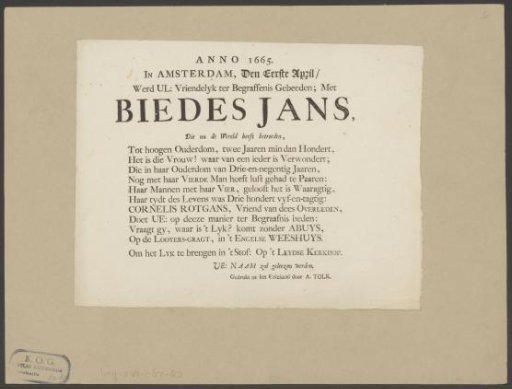 Funeral broadside of Biedes Jans