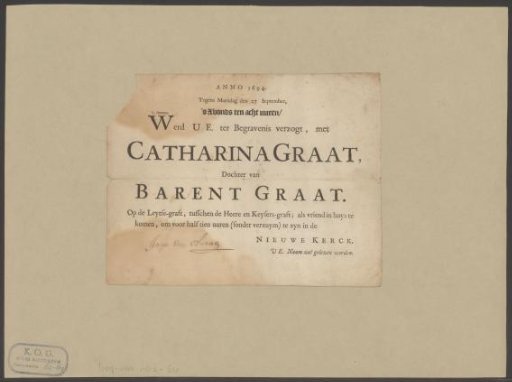 Funeral broadside of Catharina Graat in the name of Joan van Anrae