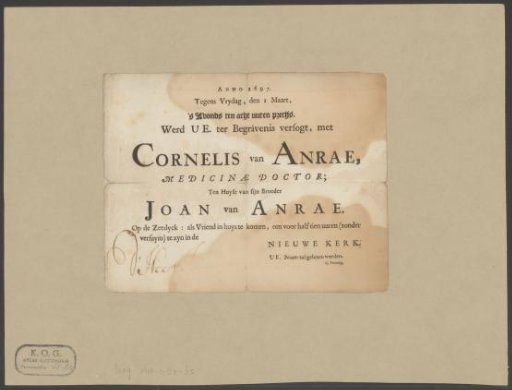 Funeral broadside of Cornelis van Anrae in the name of Joan van Anrae