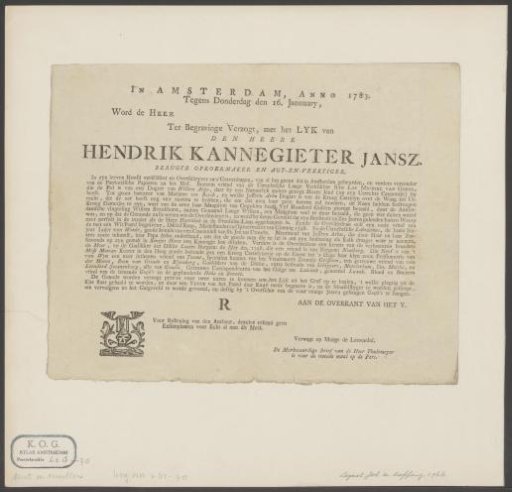Funeral notice of Hendrik Kannegieter