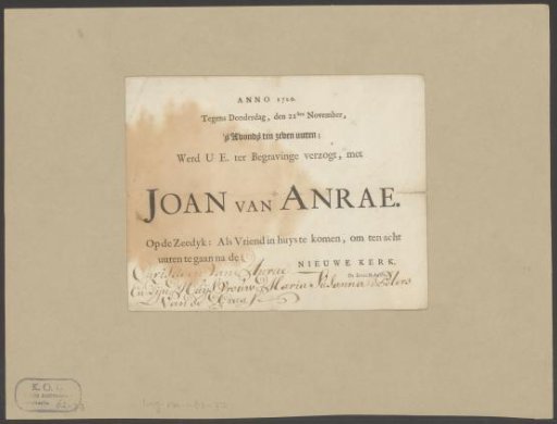 Funeral notice of Joan van Anrae in the name of Christiaan van Anrae and Maria Susanna Peters van de Graaf