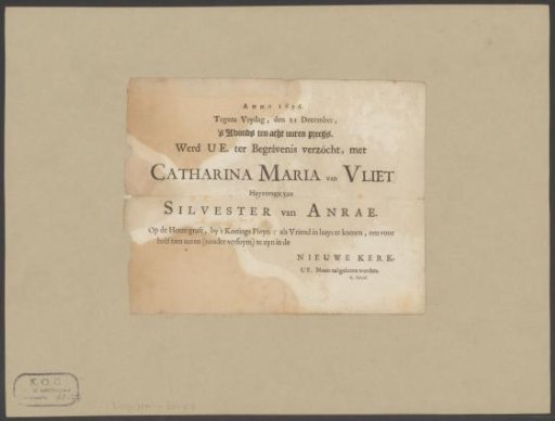 Funeral notice of Catharina Maria van Vliet