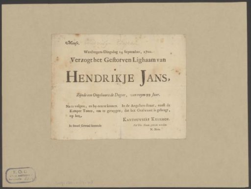 Funeral notice of Hendrikje Jans