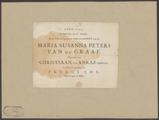 Invitation to the first term of Maria Susanna Peters van de Graaf