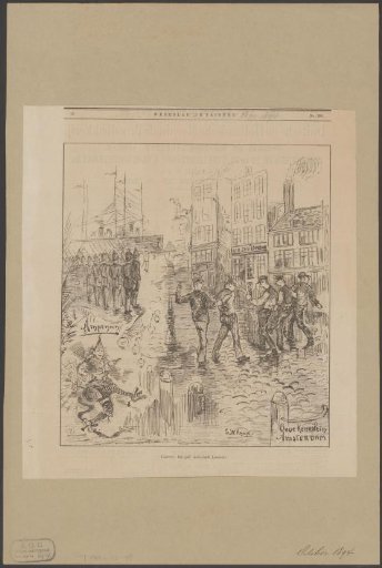 Soldiers by a boat and workers in front of the Hotel Cafe Lombok with a clown