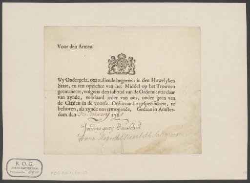 Declaration form for the marriage of Johan Georg Bauschert and Anna Margaretha Elisabeth Salomons
