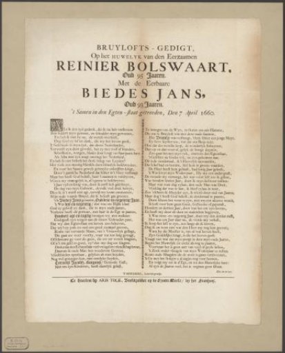 Poem on the marriage of Reinier Bolswaart and Biedes Jans
