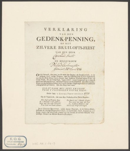 Explanation of the commemorative medal for the silver wedding of Coenraad Smitt and Philis Hachmeester