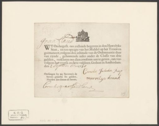 Marriage announcement of Cornelis Jacobusz. Rap and Marritje Kraak
