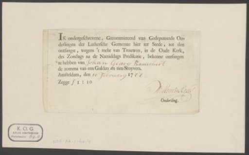 Receipt for the payment of the marriage of Johan Georg Bauschert