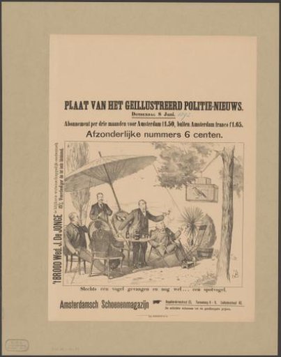 Five smoking men around a garden table next to a birdcage marked 'tram concession suburbs'
