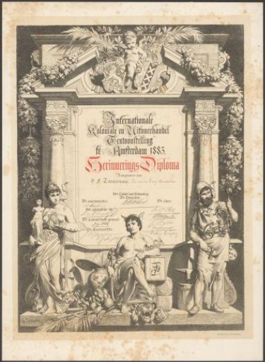 Commemorative diploma of the Amsterdam World Exhibition of 1883, by A.F. Timmermans