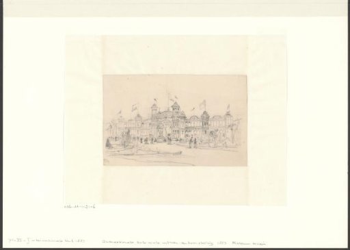 View of the front façade of the pavilion of the Colonial Department at the International Colonial and Export Trade Exhibition in Amsterdam of 1883