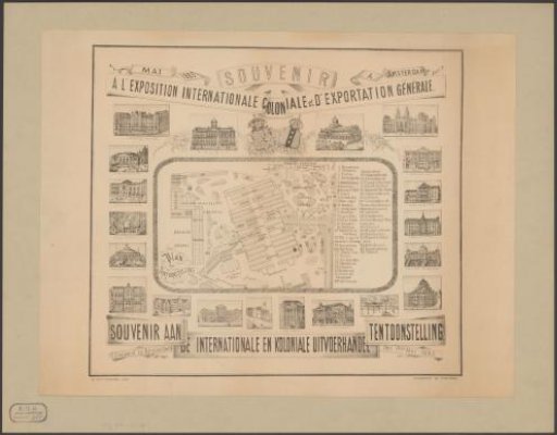 Map of the World Exhibition of 1883 framed with depictions of Amsterdam buildings